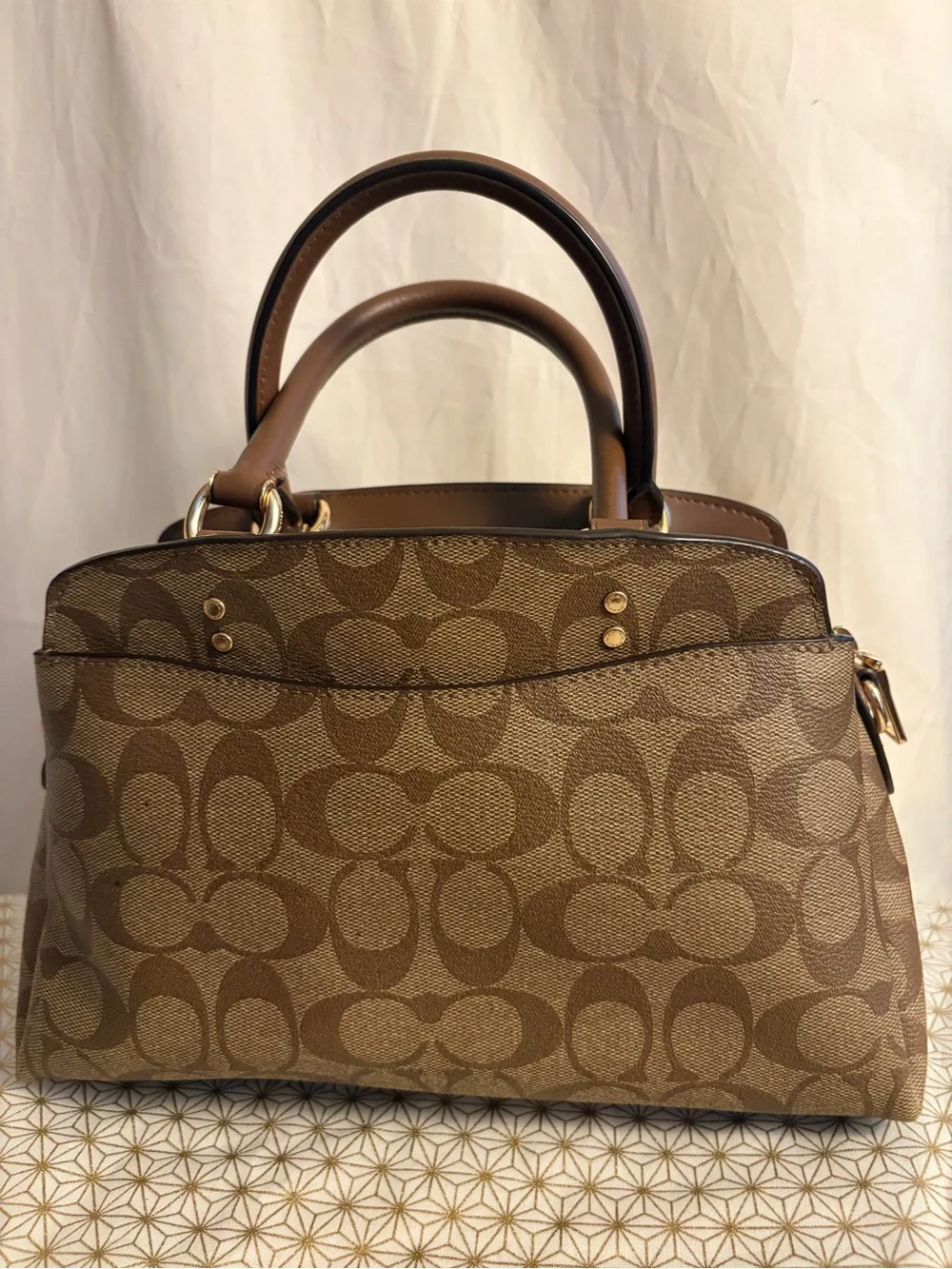 Coach Brown Signature Canvas Satchel with Leather Trim